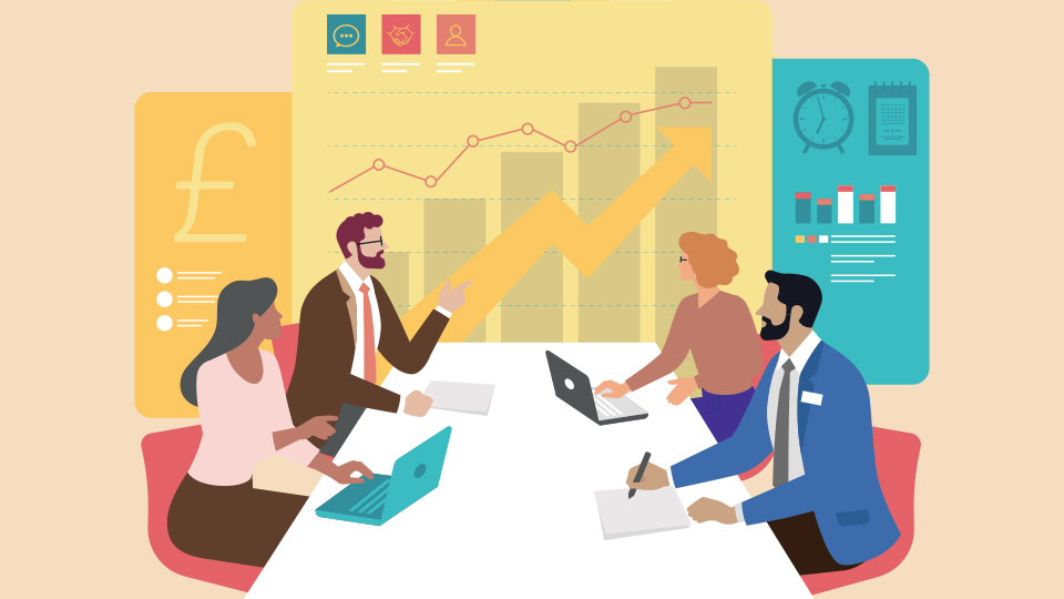 An illustration of people in a board room listening to a presentation