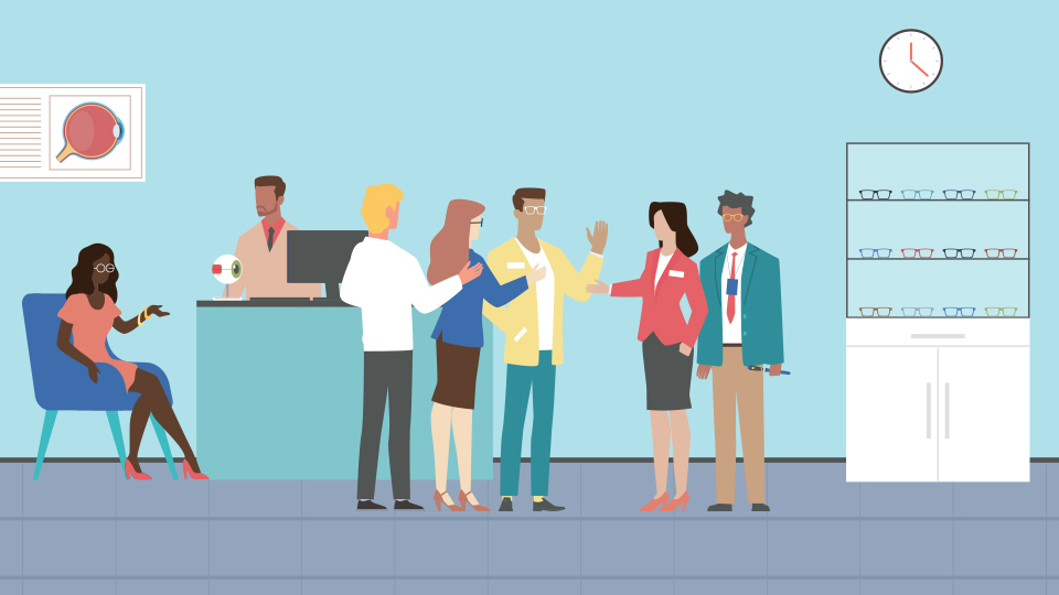 An illustration of team members in an optometry practice