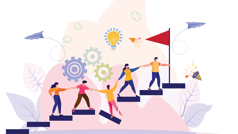 An illustration of a team holding hands, helping each other to climb a series of steps towards a red flag at the top. Around them are celebratory images like confetti