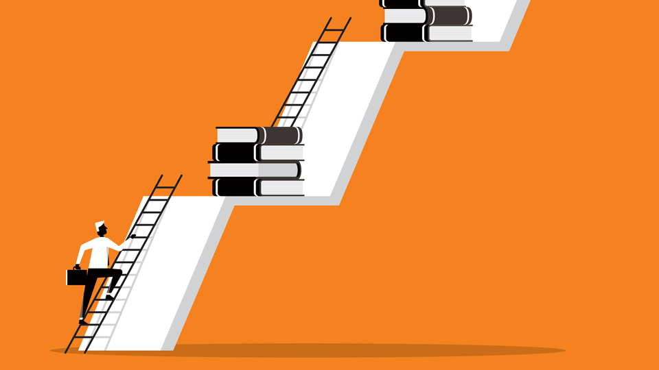 An illustration in grayscale on an orange background of a person climbing an arrow that points upwards in stages. On each plateau is a stack of books.