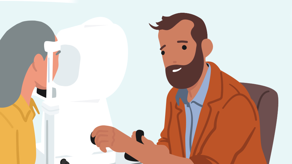 An illustration of an optometrist using an optical coherence tomography device