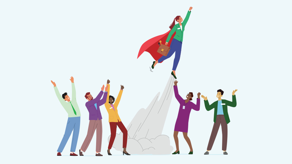 An illustration of an optometrist in a cape taking off from the gtound while other optometrists cheer her on