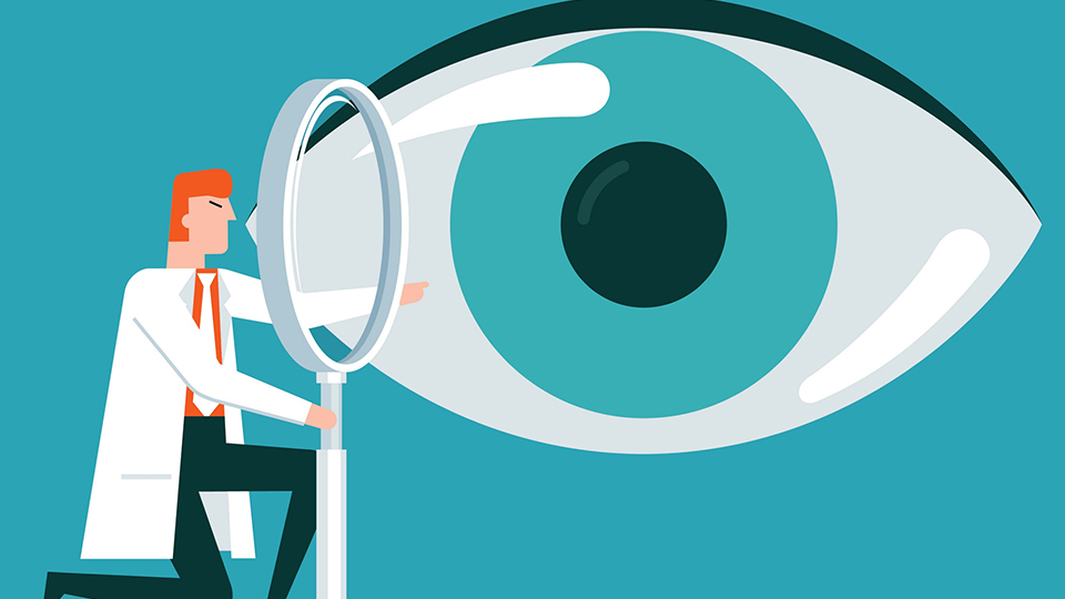 Illustration of a clinician in a white coat using a magnifying glass to examine a large stylised eye, symbolising eye care or vision assessment.