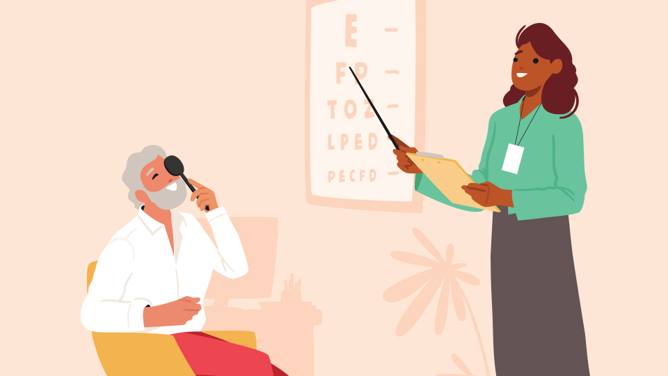 An illustration of an optometrist pointing at a diagram while an older patient sits in a chair