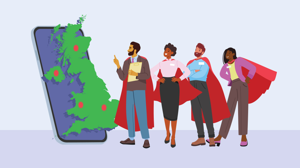 An illustration of a map of the UK with optometrists wearing super hero capes standing in front of the map