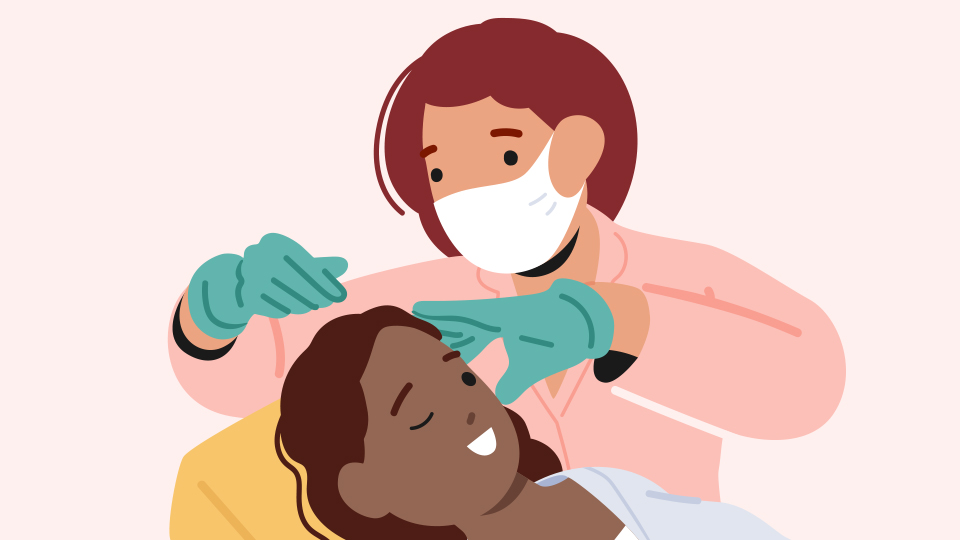 An illustration of a clinician wearing rubber gloves examining the eyes of a patient