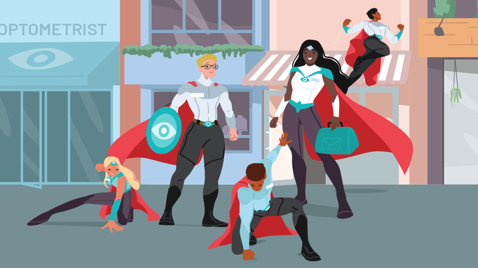 An illustration of five optometrists in super hero clothing outside of an optometry practice