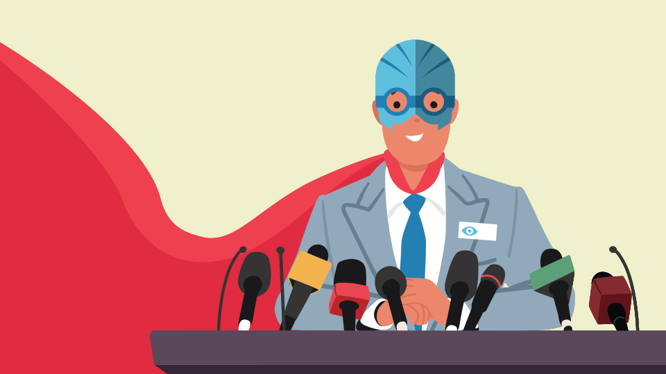 An illustration of an optometrist in a super hero outfit taking questions at a press conference