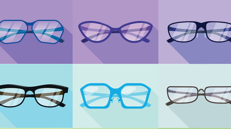 An illustration divided into nine squares in colours ranging from purple to blue to green. In each square is a pair of spectacles of all different designs and colours. Some are chunky, some are bright red, there are greens, blues and purples. Some are rectangle, there is a cat’s eye, an oversized square, and oval shaped frames