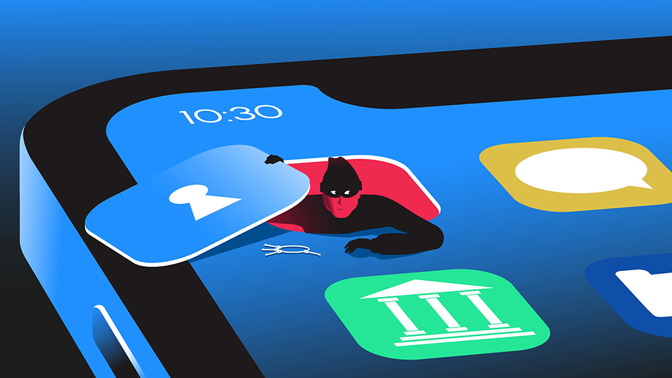Cartoon hacker getting out of the smartphone app 
