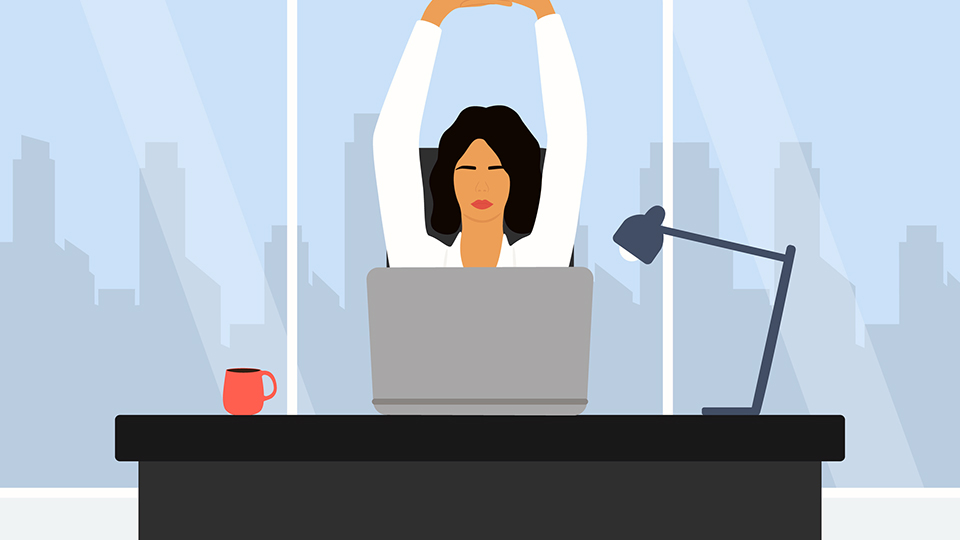 Young Businesswoman Stretching Her Arms And Body For Relaxation While Working In The Office 