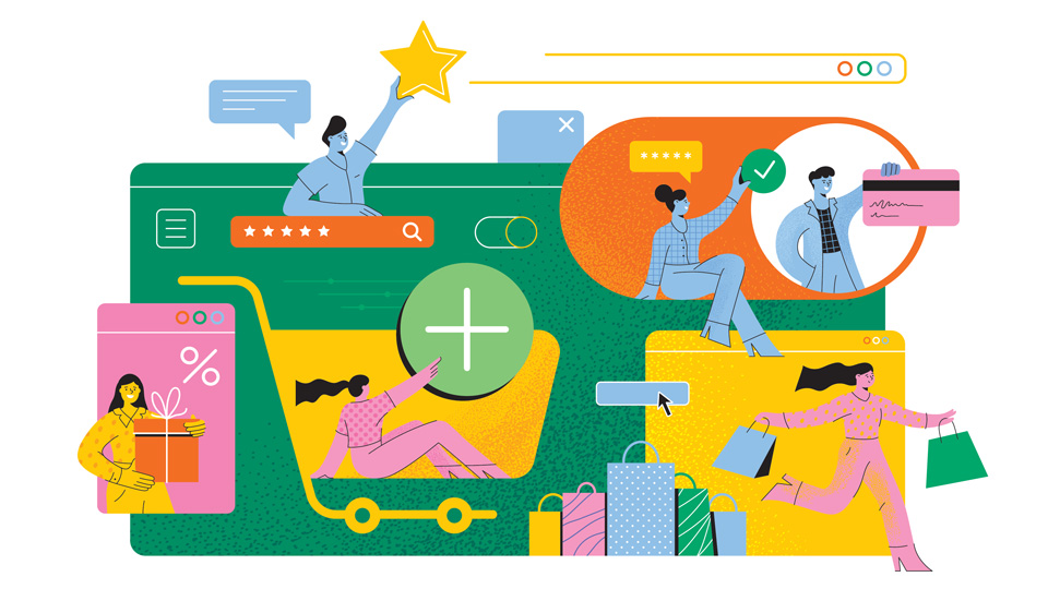 Illustration of people using online purchasing 