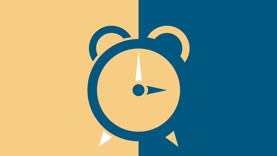 On a background split in half between yellow and navy is an illustration of a clock. 
