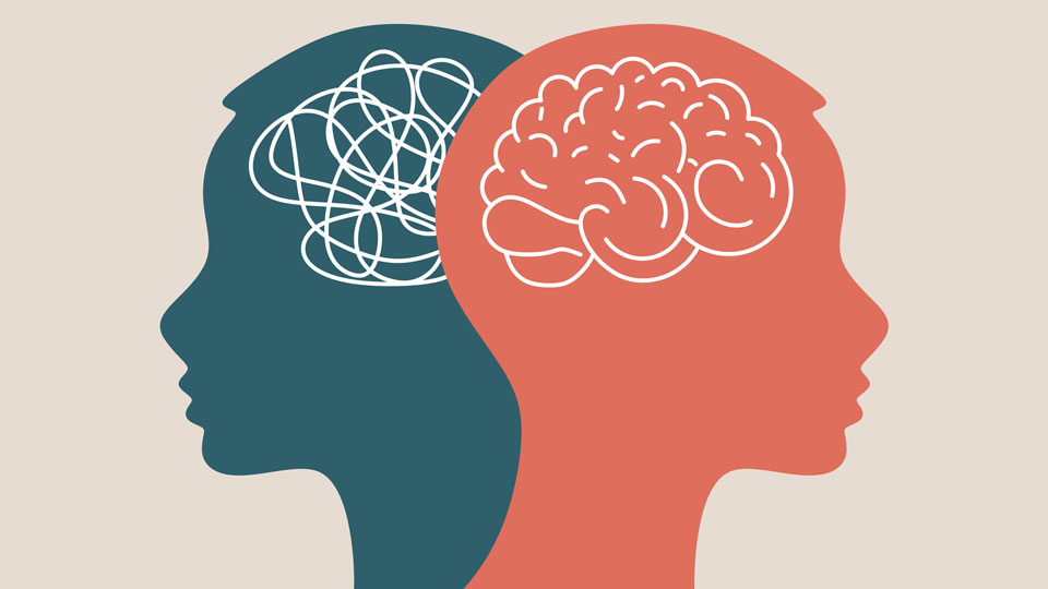 Silhouette of two heads, one is grey, the other is orange 