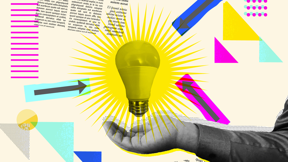 A cartoon with a yellow lightbulb and ideas popping off all around it