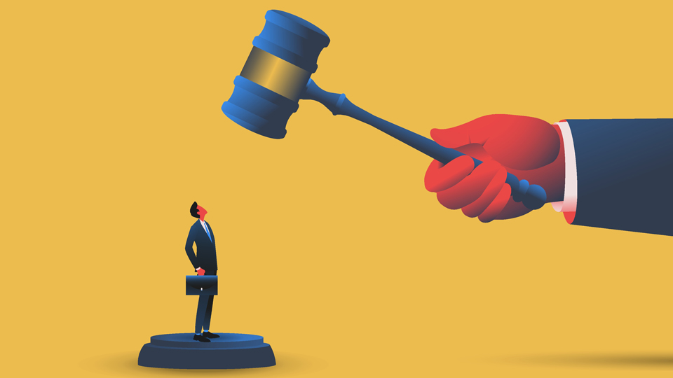An illustration of a professional man standing under a gavel