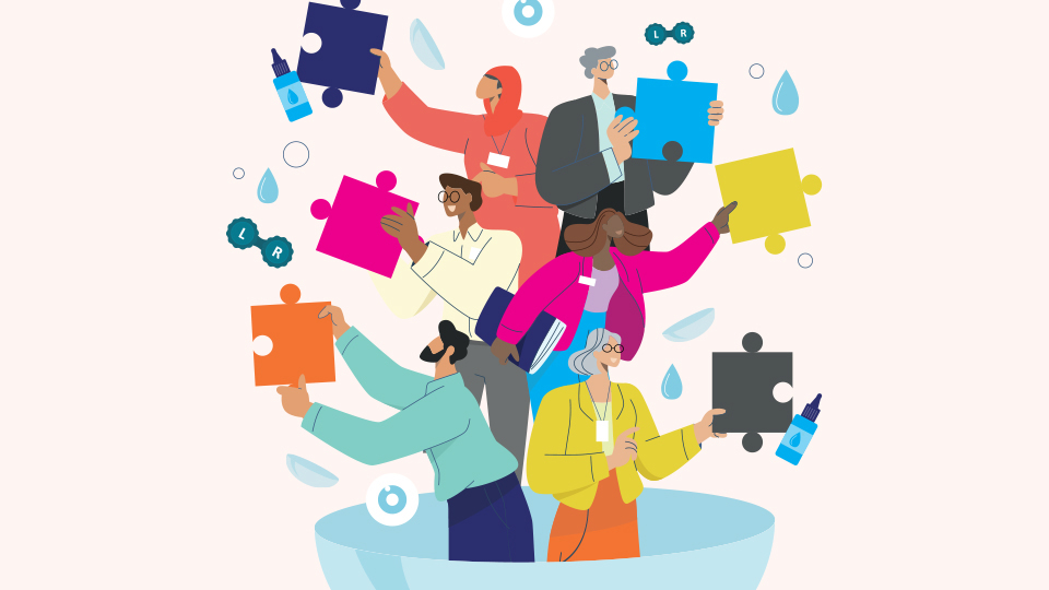 A group of eye care professionals standing in a contact lens hold puzzle pieces