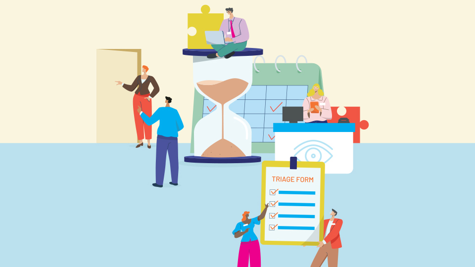 An illustration of clinicians with a giant hour glass and triage form