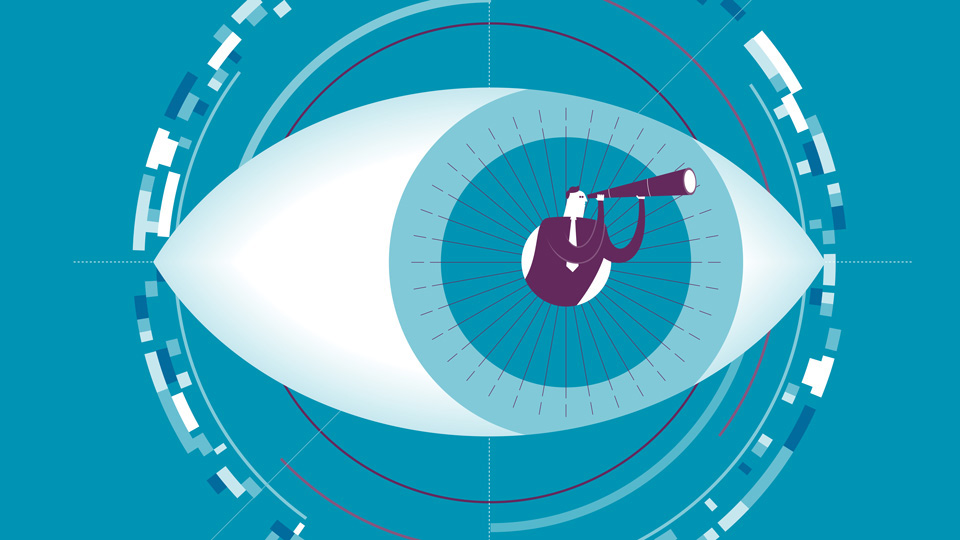 Illustration of person with a telescope on an eye