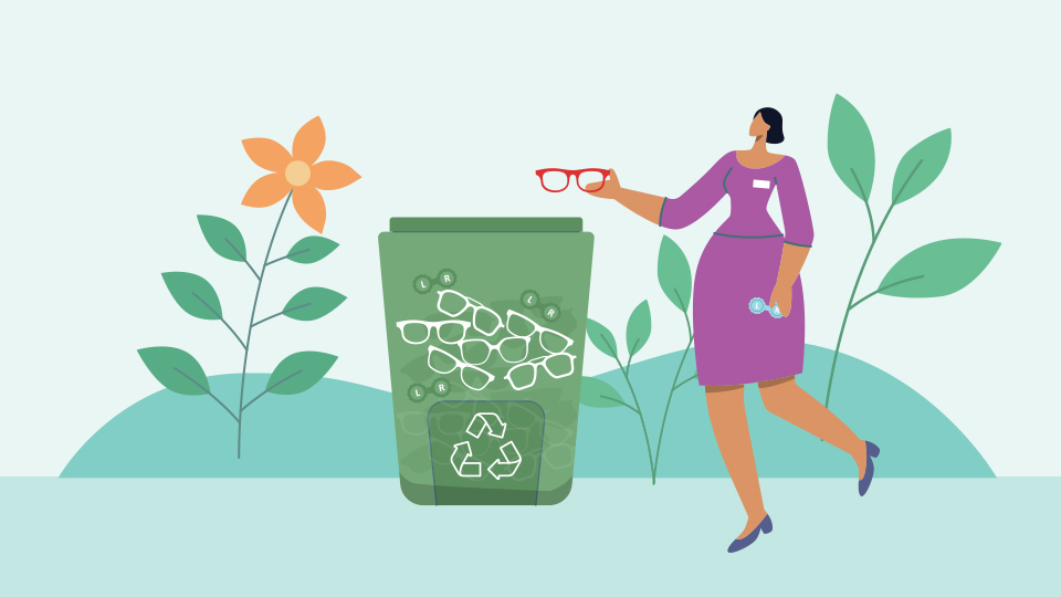 An illustration of a recycling container filled with spectacles