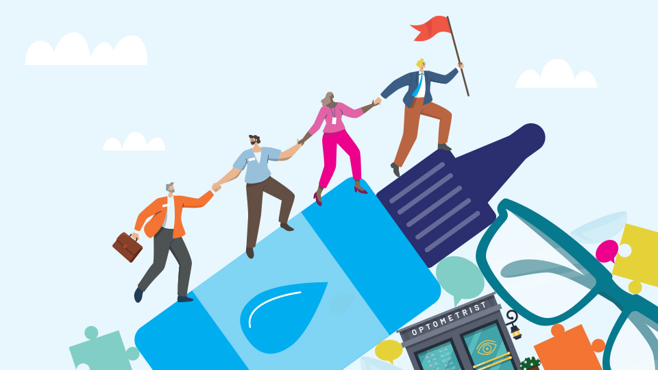 An illustration of people climbing up an eye drop bottle