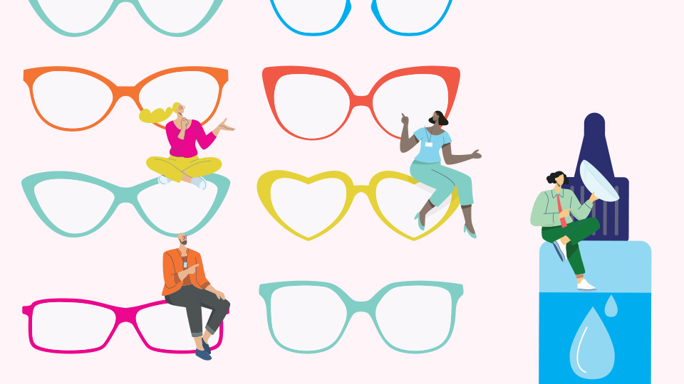 Small illustrations of people sit on a display of spectacles