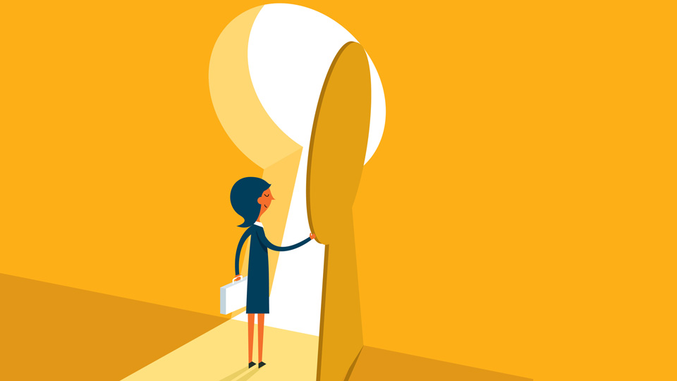 Cartoon woman on a yellow background stands in front of an open doorway signifying opportunity 