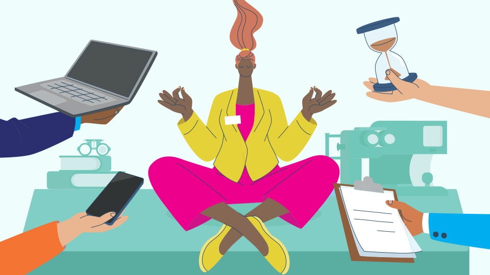 A professional person in a yoga pose is surrounded by different objects including a person holding an hour glass, a laptop, a mobile phone and a clipboard.