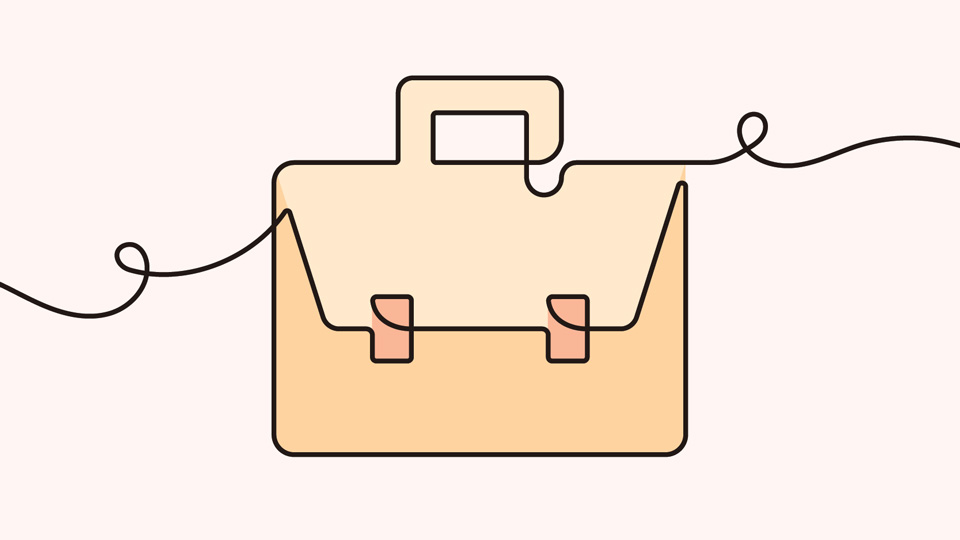 An illustration of a yellow briefcase on a pale pink background. The briefcase is drawn in one single line that starts off-screen on the left, and continues off-screen on the right