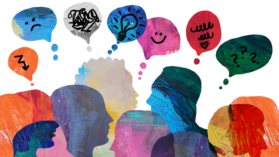 A series of coloured heads with speech bubbles