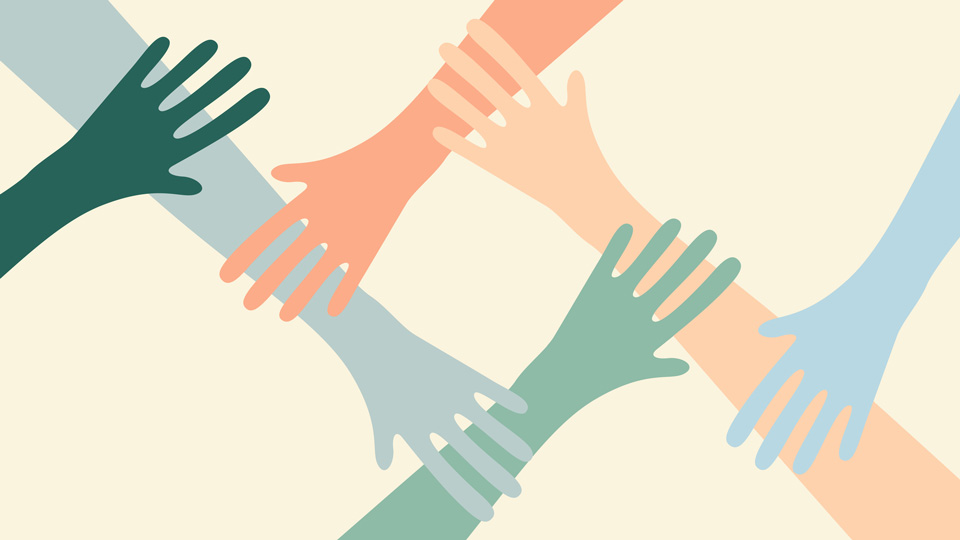 Illustration of six hands joined up