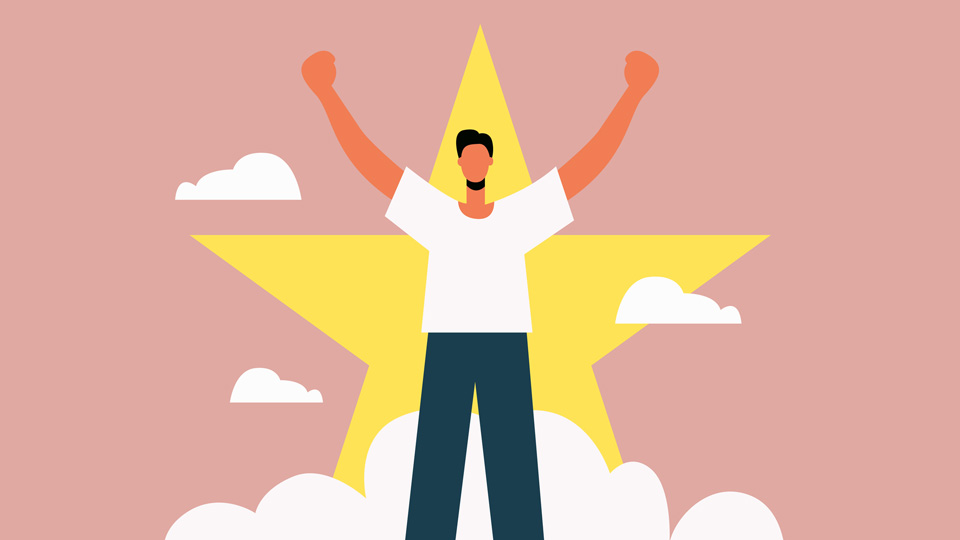 This illustration features a businessman with raised arms standing in front of a large yellow star, symbolizing employee recognition and professional achievement. It captures the essence of business success, motivational leadership, and celebrating employee excellence