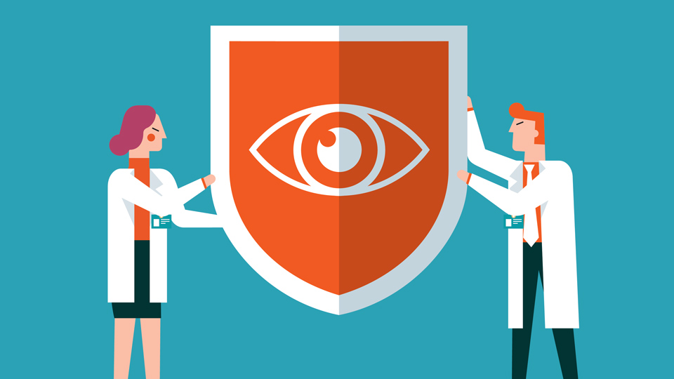 A male and a female in cartoon style hold up a picture of a large eye on a blue background