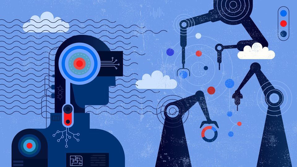 Blue illustrative AI and robot concept