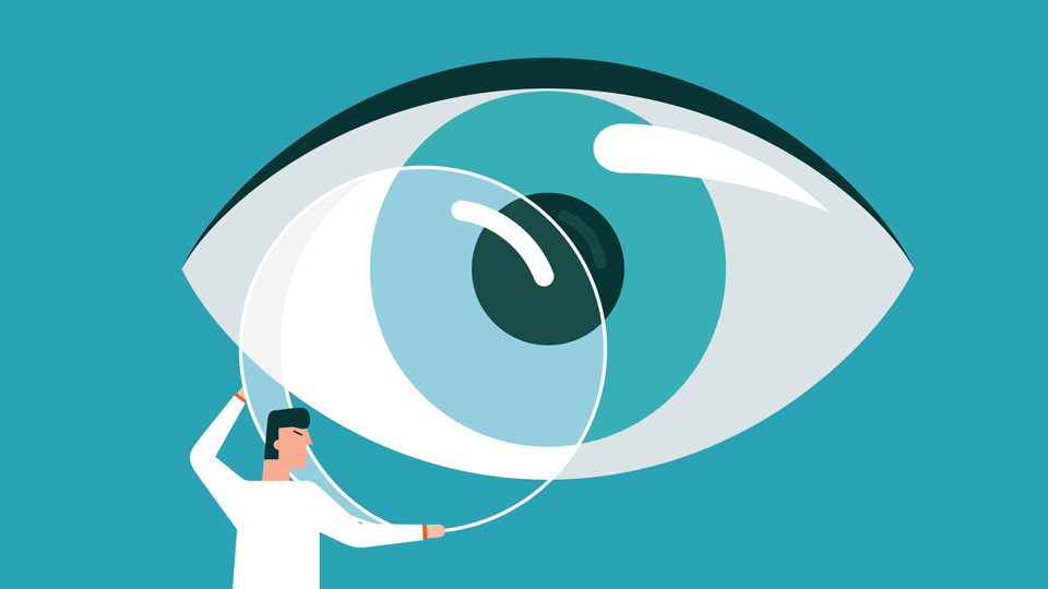 Illustration of an eye and a person standing beside it holding a contact lens