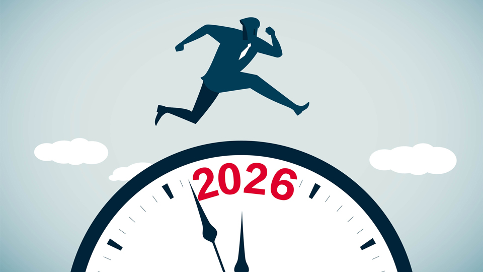 Illustration of clock face with 2026 and a man on it