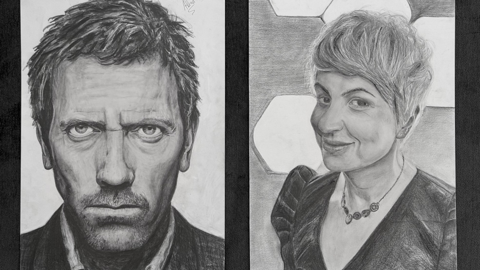Likeness portraits of actor Hugh Laurie and Andrew’s wife, Tereza