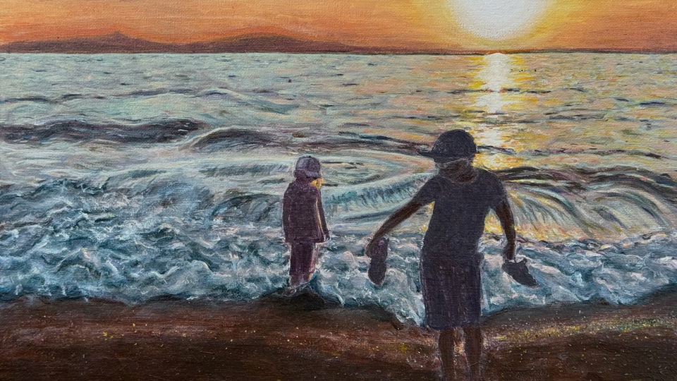 Acrylic painting of Andrew’s son and daughter at the beach in Greece