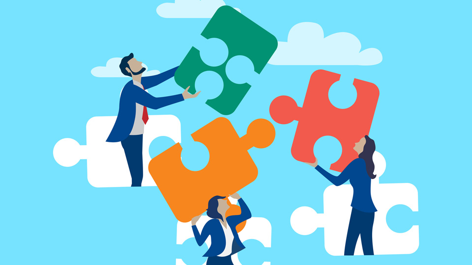 The concept of teamwork, solving problem illustration with three people holding and placing together puzzle pieces