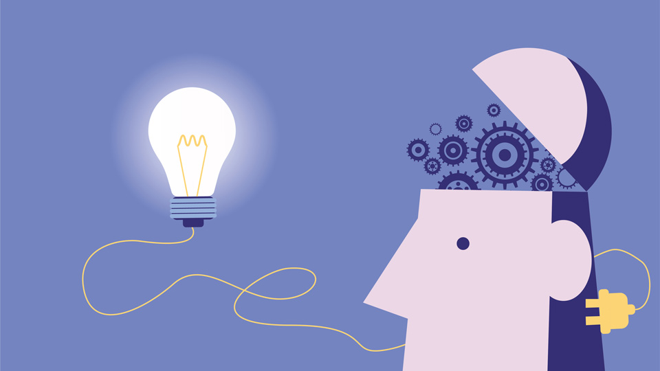 An illustration of a man’s head connected by an electrical cord to a lightbulb