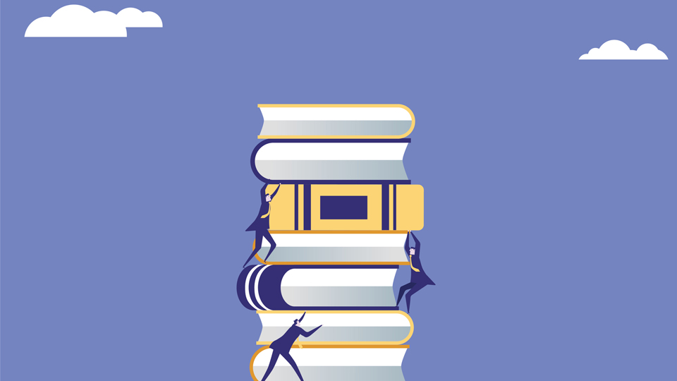 Illustration of a stack of books with people climbing up