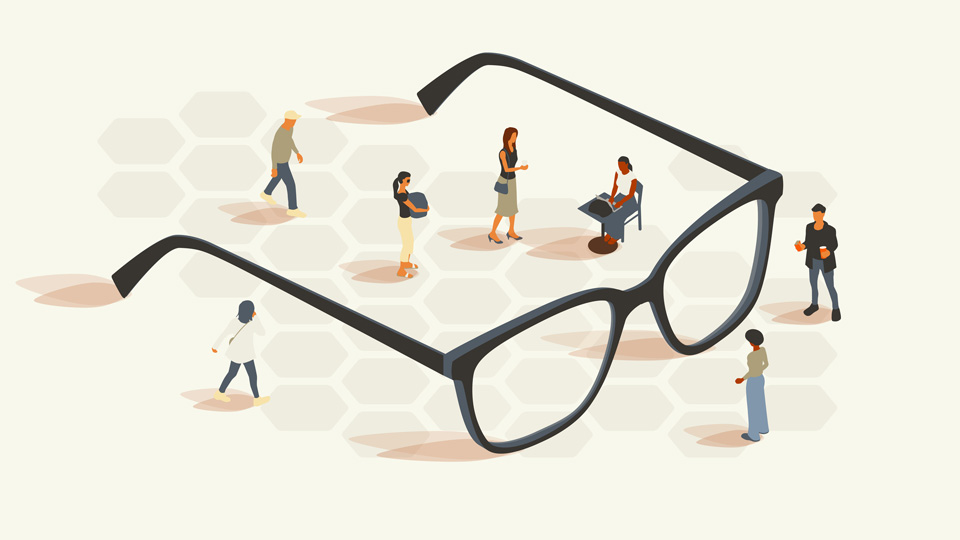 A cartoon shows a scattered group of people surrounding a large pair of glasses