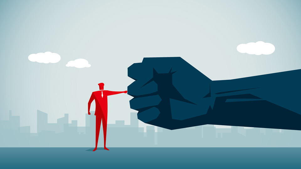 Illustration of a large arm with a clenched fist and a man in a suit in red