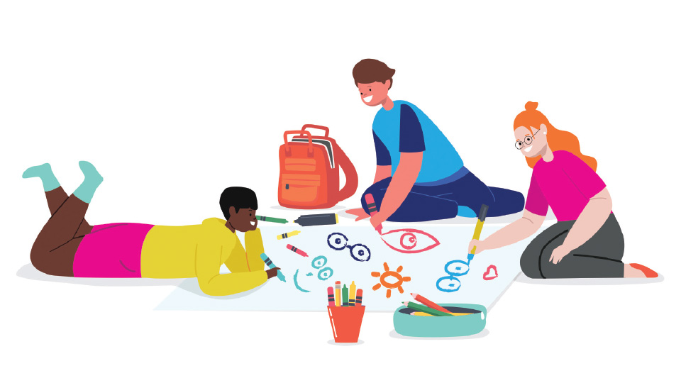 An illustration of a group of children creating artwork