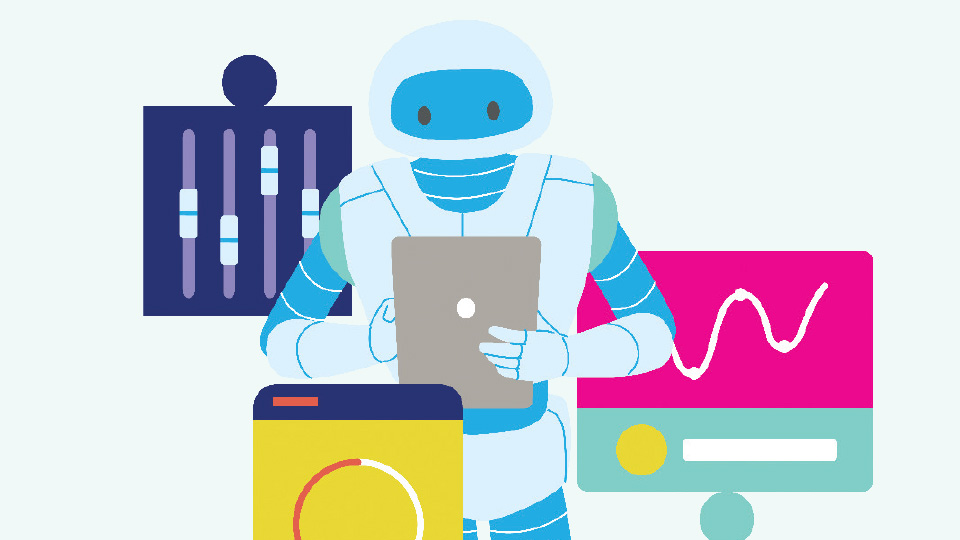 An illustration where a robot is pictured entering information into a tablet