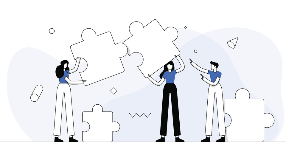 An illustration in black, white and blue of three people arranging together large puzzles pieces in an interpretation of teamwork