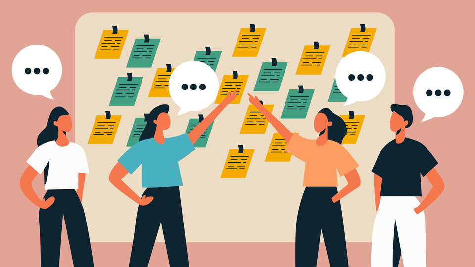 Illustration of four people looking at a board with notes on