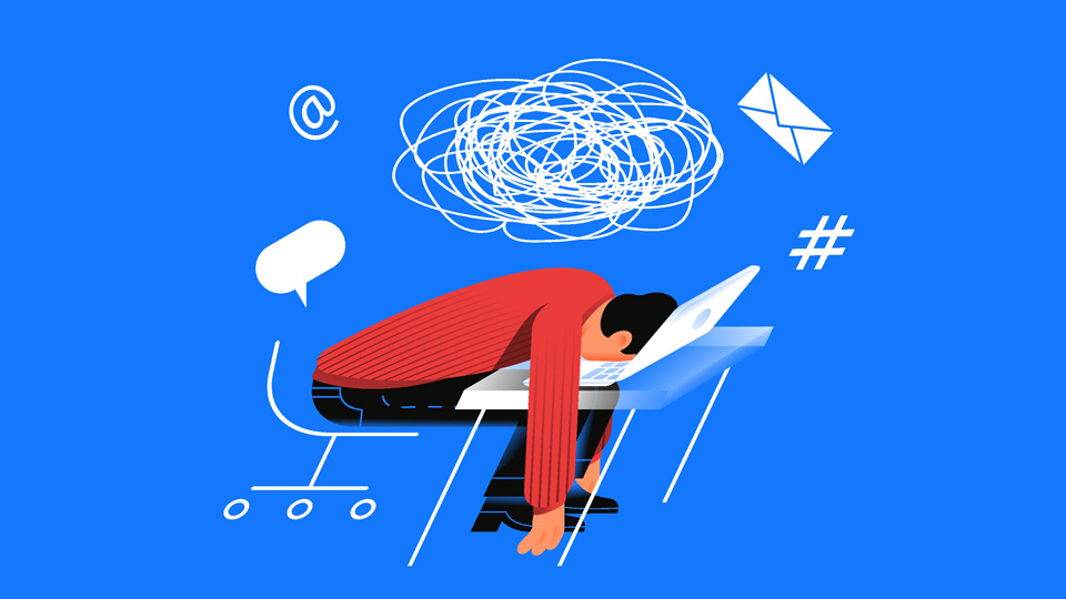Cartoon man face plants onto a laptop against a blue background