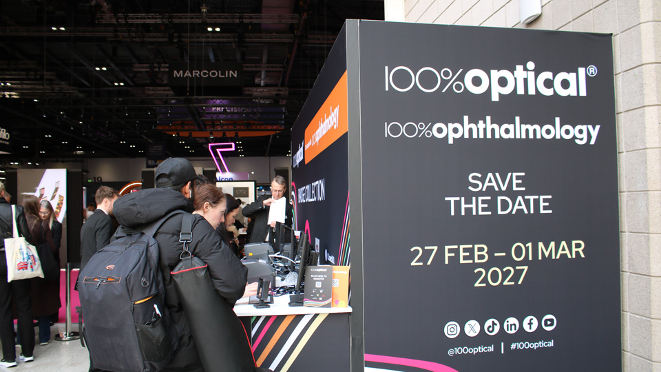 Event booth promoting 100% Optical and 100% Ophthalmology with dates 27 Feb to 1 Mar 2027 and social media icons.
