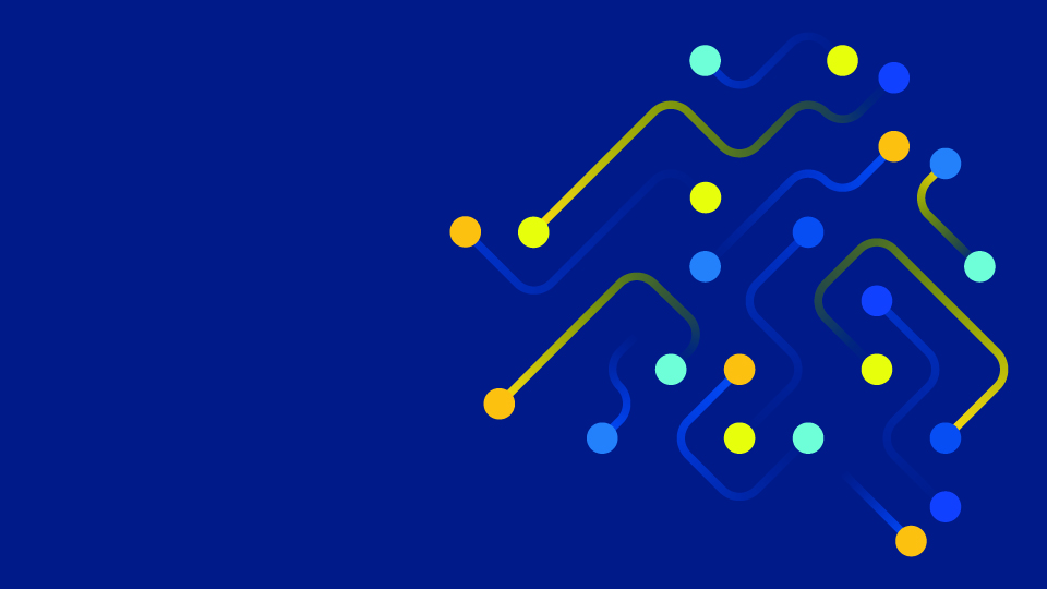 An illustration of yellow and blue dots, joined by connecting lines on a navy background. The effect illustrates data and connection
